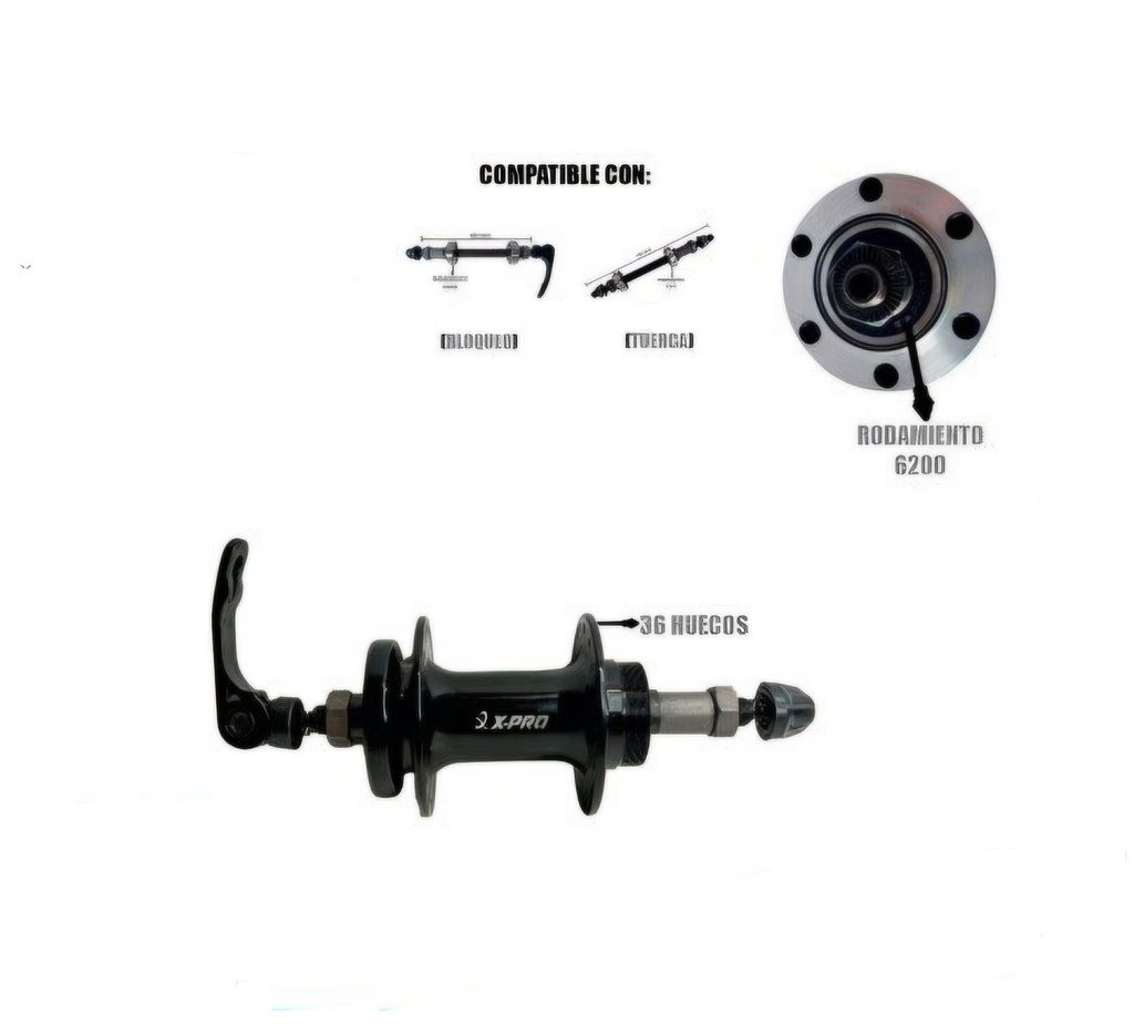 Manzana Posterior 36H Aluminio Sellada Negro Freno Disco